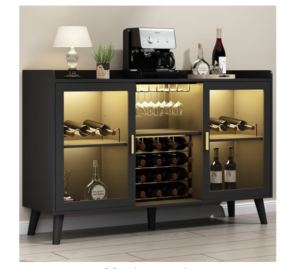 Loomie Wine Bar Cabinet with LED Light, Home Coffee Cabinet with Wine Rack and Glass Holder, Freestanding Liquor Cabinet